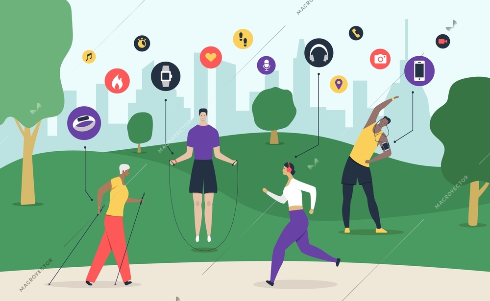 Sport gadget composition with people working out outdoors and circle icons of wearable gadgets with cityscape vector illustration