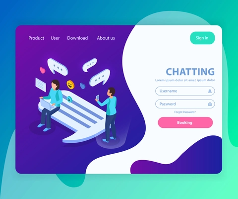 Live chat website landing page isometric design with users messages bubbles symbols green purple background vector illustration
