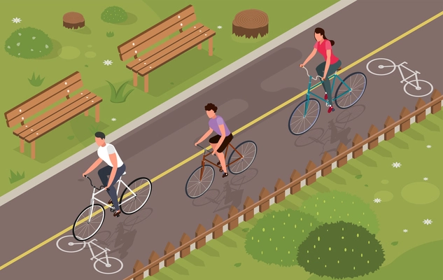 Three people riding bikes in park 3d isometric vector illustration