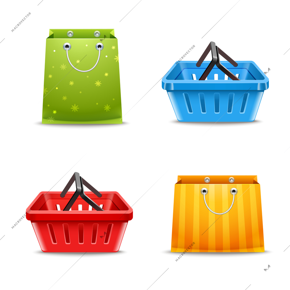 Shopping baskets and paper gift bags decorative set isolated vector illustration