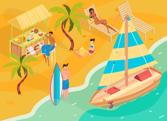 Tropical rest isometric background with beach resort symbols vector illustration