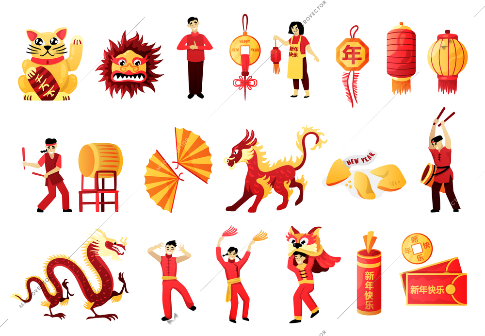 Chinese new year celebration icons set with traditional symbols rituals costumes colors red lantern fire dragon vector illustration