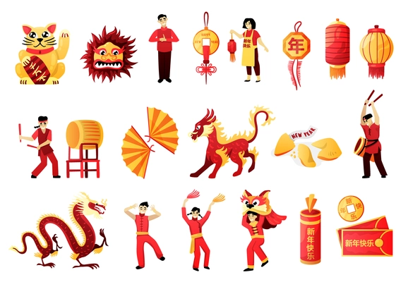 Chinese new year celebration icons set with traditional symbols rituals costumes colors red lantern fire dragon vector illustration