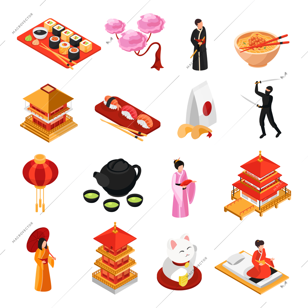 Japan travel culture traditions food isometric icons set with sushi temple geisha cherry blossom isolated vector illustration