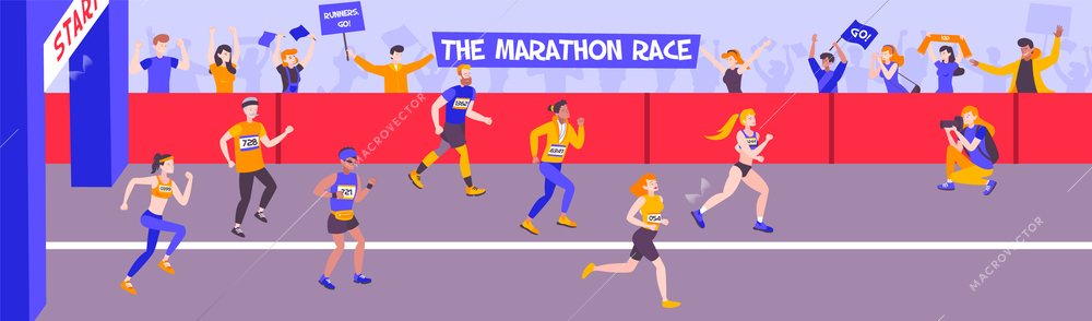 Runner horizontal composition with panoramic view of race track with text and characters of running people vector illustration