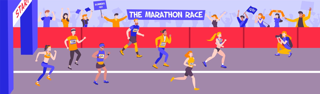 Runner horizontal composition with panoramic view of race track with text and characters of running people vector illustration