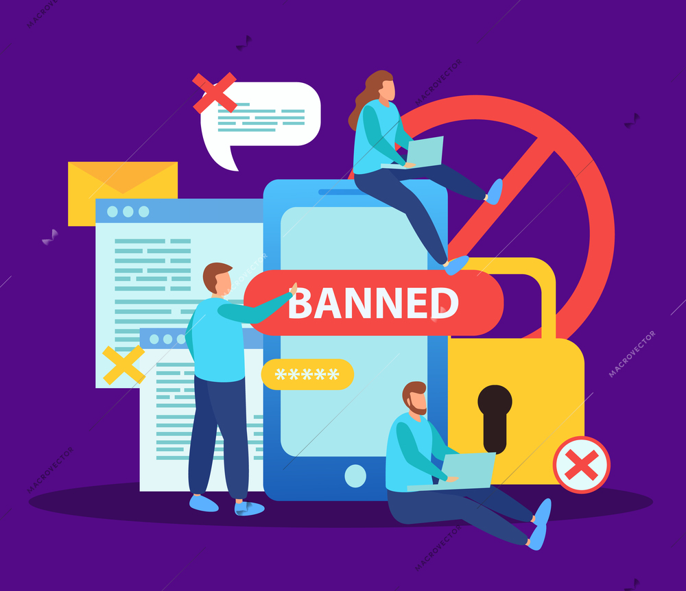 Blocking social media internet users for content flat composition with smartphone lock banned messages bubbles vector illustration