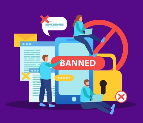 Blocking social media internet users for content flat composition with smartphone lock banned messages bubbles vector illustration