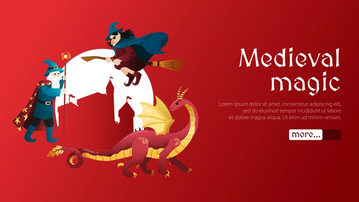 Medieval magic horizontal web banner with wizard dragon witch against red castle silhouette background flat vector illustration