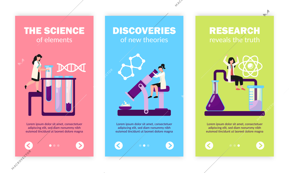 Scientific research lab tests discoveries atom dna molecule structure symbols 3 flat vertical banners set vector illustration