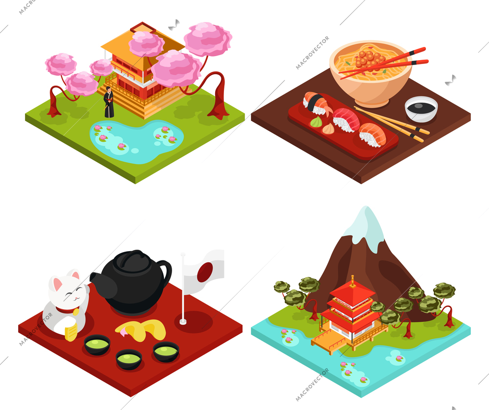 Japan travel culture food concept 4 isometric compositions with mountain sakura temple tea ceremony isolated vector illustration