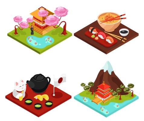Japan travel culture food concept 4 isometric compositions with mountain sakura temple tea ceremony isolated vector illustration
