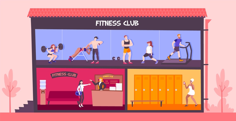 Fitness club composition with profile view of two-storey building with different rooms flat human characters vector illustration