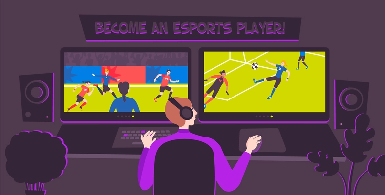 Cyber sport composition with indoor view of room with neon lights and screens showing football game vector illustration