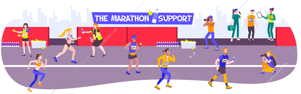 Runner horizontal composition with view of race track and characters of athletes with doctor and food vector illustration