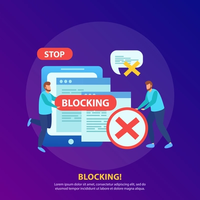 Blocking tablet ip address from wifi network stopping abusive messages isometric background composition with stop sign vector illustration