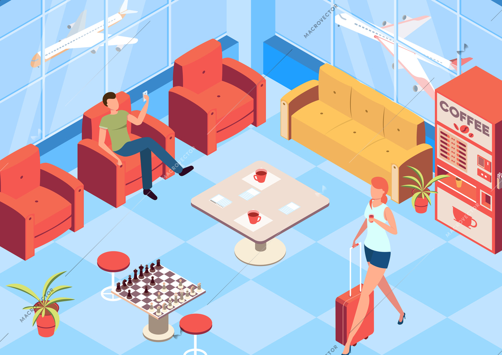 Vip airport waiting room isometric background with chess and coffee machine symbols vector illustration