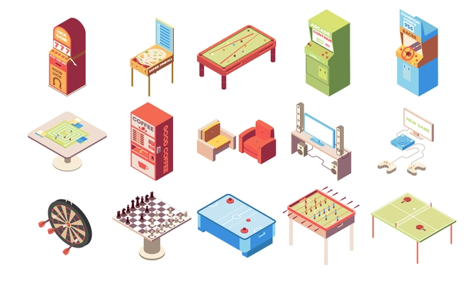 Recreation room isometric set with chess and table tennis isolated vector illustration