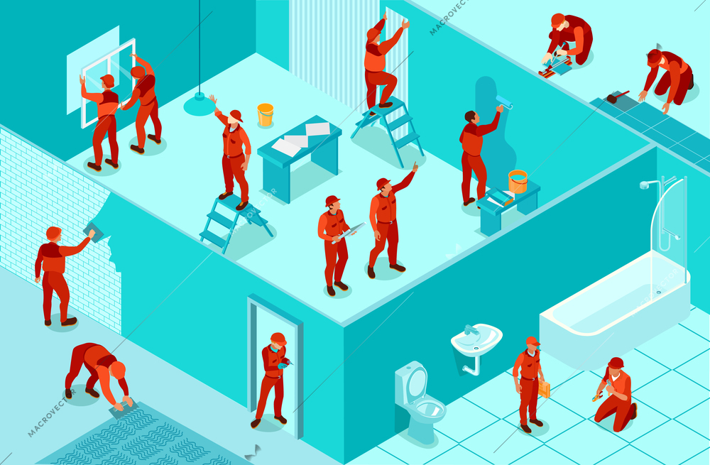 Isometric background with workers from home repair service painting walls laying flooring installing windows plumbing 3d vector illustration