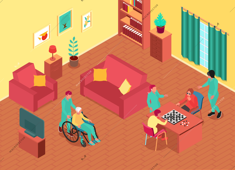 Nursing home room interior and people playing checkers 3d isometric vector illustration