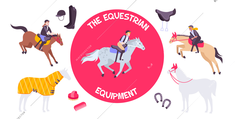 Horse equipment composition red logo at the center with rider on horseback vector illustration