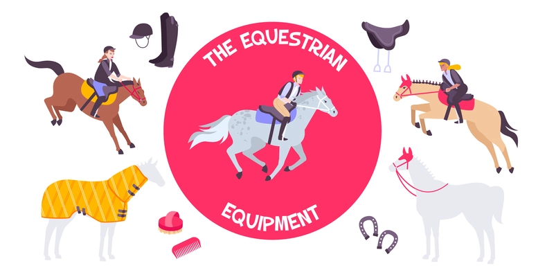 Horse equipment composition red logo at the center with rider on horseback vector illustration