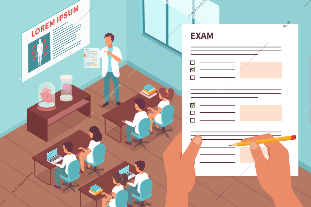 Students in exam design concept with teacher explaining to students how to fill in exam forms isometric vector illustration