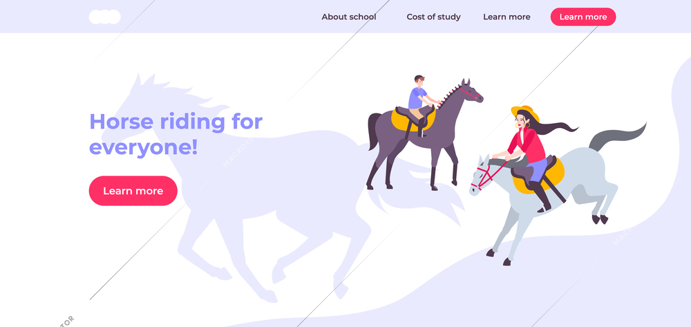 Horse riding web page or landing with horse riding for everyone headline and learn more button vector illustration