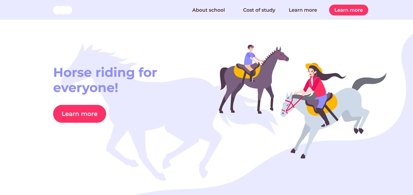 Horse riding web page or landing with horse riding for everyone headline and learn more button vector illustration