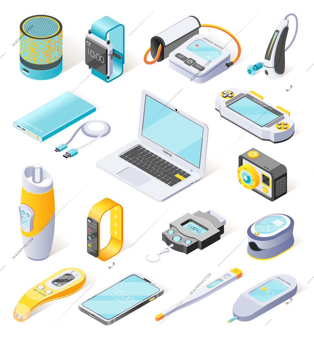 Portable electronics isometric icons  illustrated digital gadgets used in daily life in field of sports medicine work and leisure isolated vector illustration