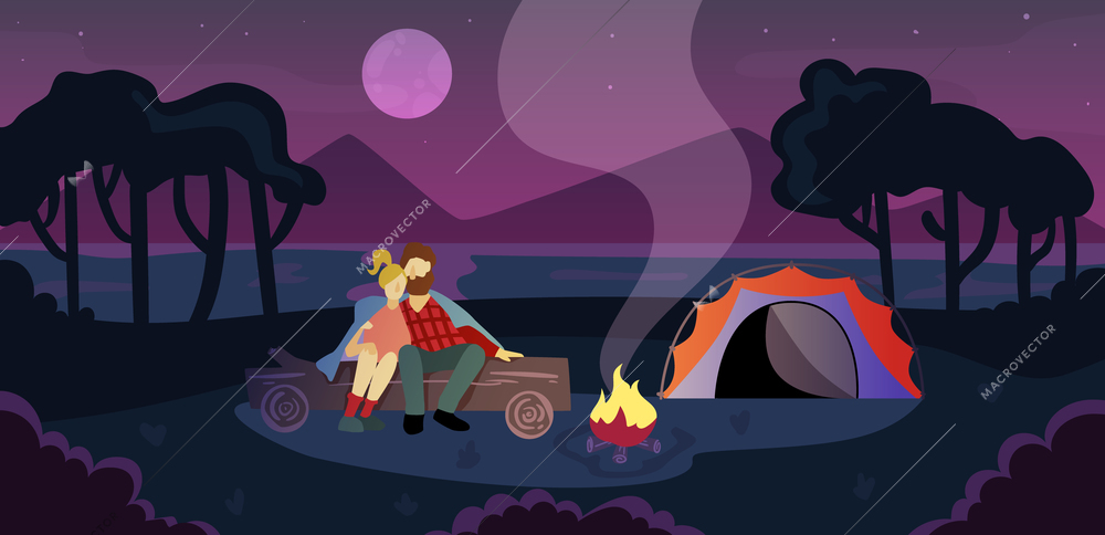 Camping sunset romantic scene with tent hugging couple staring into campfire  mauve mountains background flat vector illustration