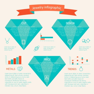 Jewelry infographic with diamonds charts and jewellery icons set vector illustration