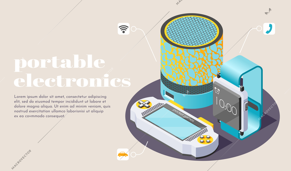 Portable electronics poster with smart home speaker game boy for pocket games and  fitness bracelet isometric icons vector illustration