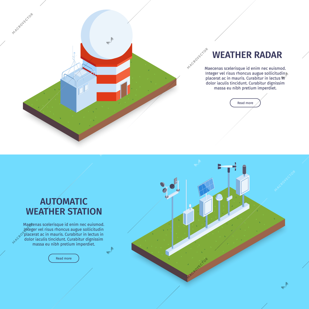 Set of two isometric meteorological center horizontal banner with images of radars editable text and buttons vector illustration