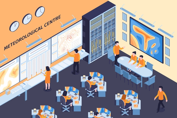 Isometric meteorological center horizontal composition with indoor view of weather central with human characters of forecasters vector illustration