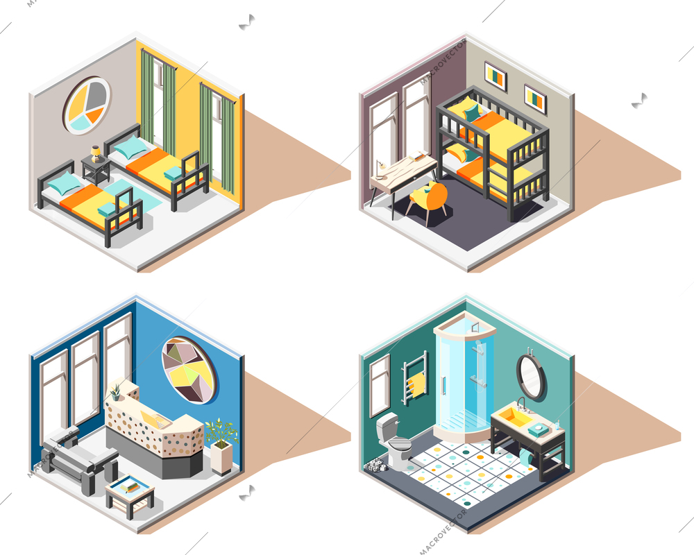 Hostel 2x2 design concept set of guest room bathroom reception isometric interiors vector illustration