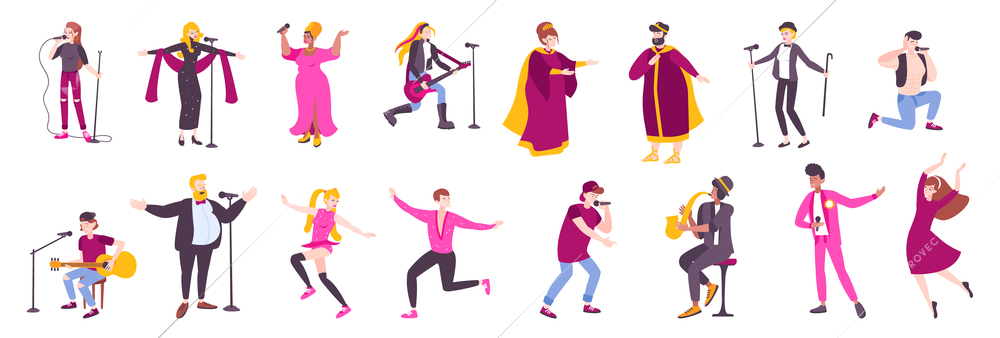 Singer character flat icon set with different types of celebrities and their gender vector illustration