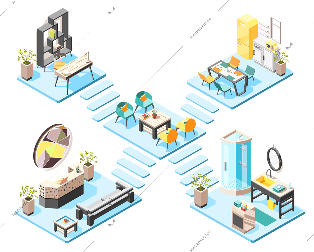 Hostel isometric design concept set with elements and furniture of hall reception  bathroom isometric interiors vector illustration