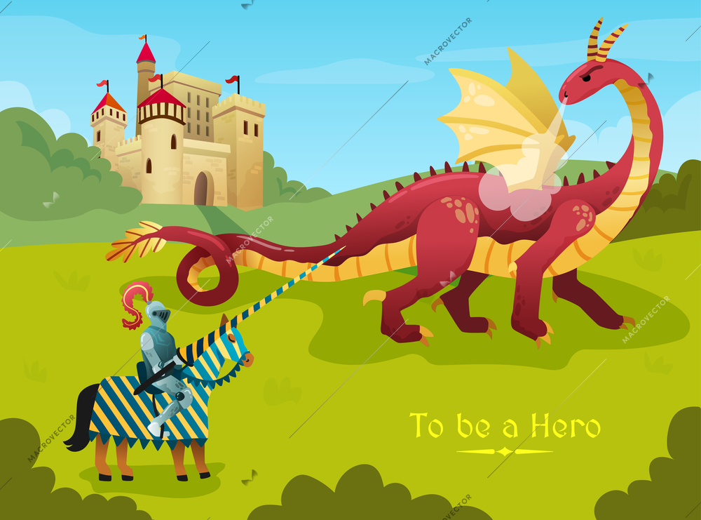 Medieval knight hero duels huge fire breathing dragon outside royal castle flat  fairy tale scene vector illustration