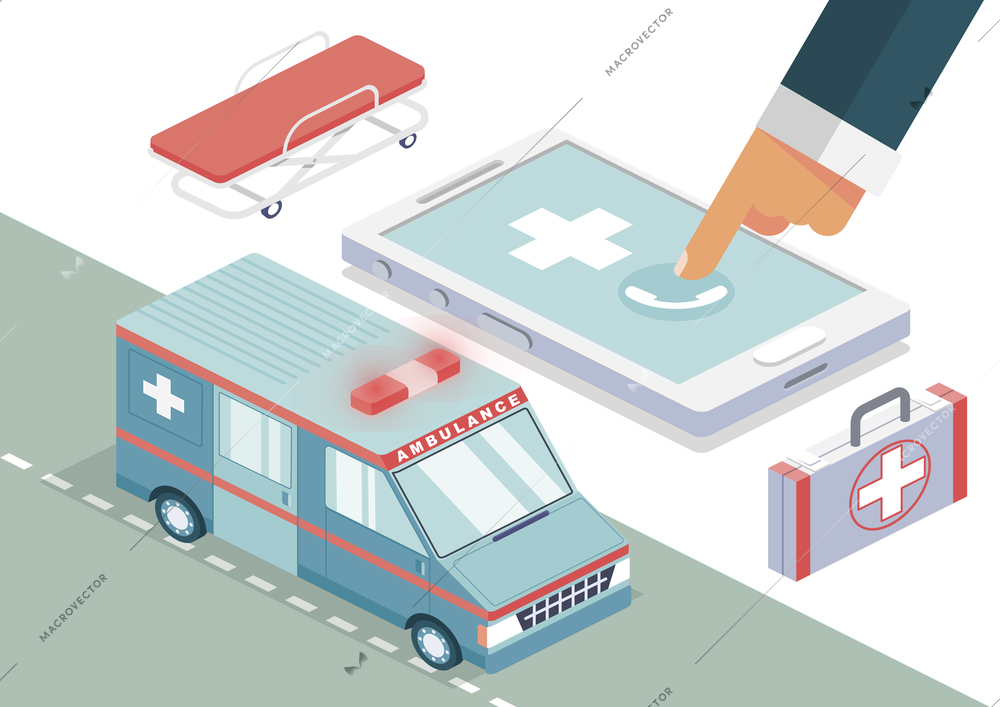 Ambulance call isometric background with smartphone and hand vector illustration