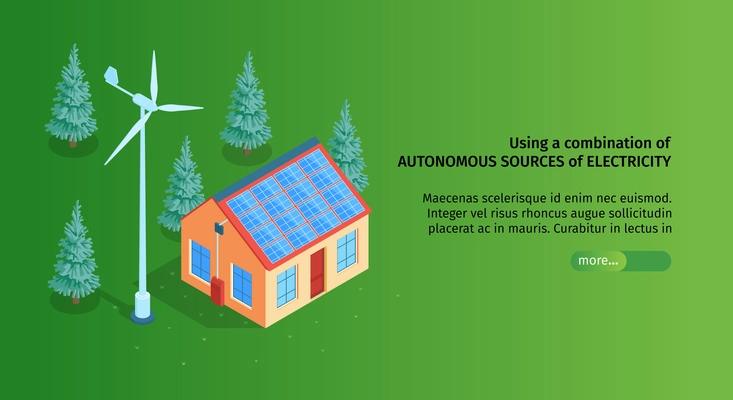 Isometric green energy horizontal banner with slider button editable text and image of smart house in forest vector illustration