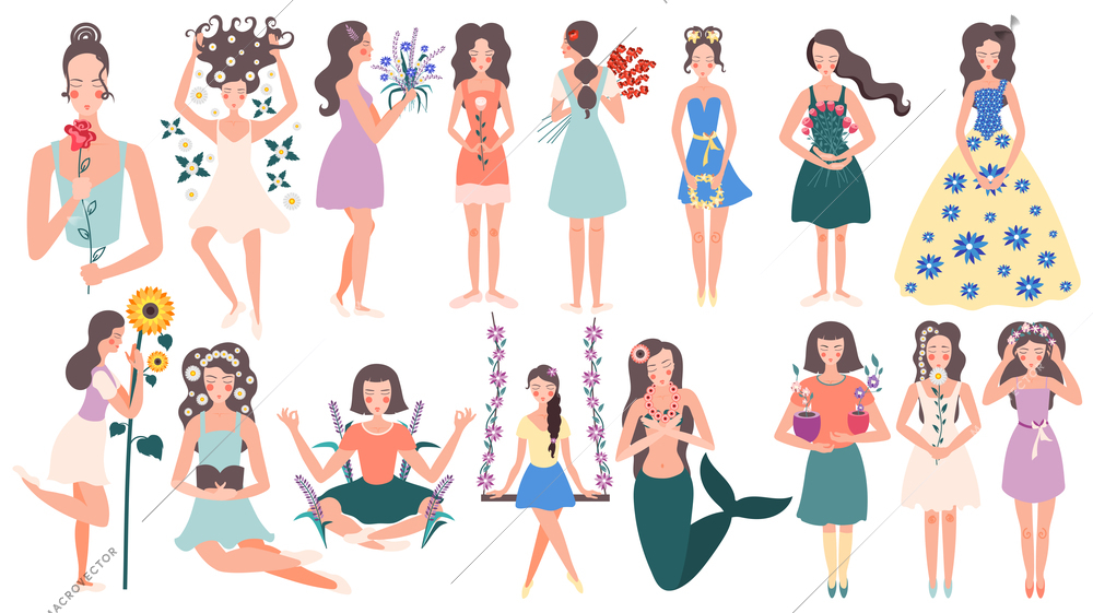 Girls and flowers isolated icons set of female characters decorated by bouquets sunflowers roses cornflowers wildflowers and petals flat vector illustration