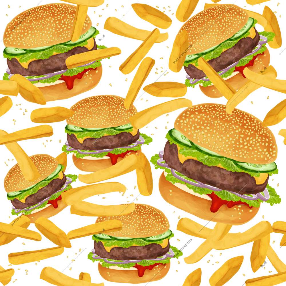 Fast food seamless pattern with hamburger and French fries vector illustration