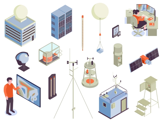 Isometric meteorological center set with isolated images pieces of weather observing electronic equipment with human characters vector illustration