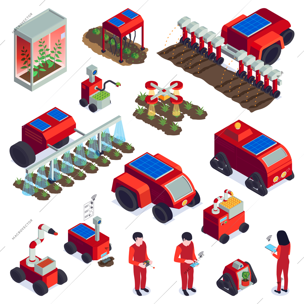 Set of isometric smart farm agriculture automation units with vehicles drones and human characters with shadows vector illustration