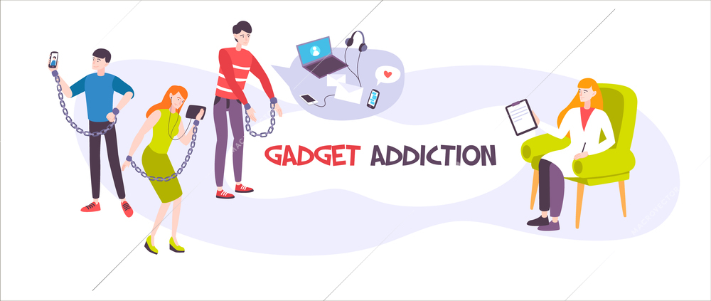 Gadget addiction flat banner with psychologist and people chained to their smartphones and tablets vector illustration