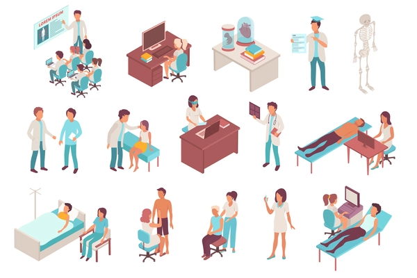 Medical staff isometric icons set of students nurse and interns working with patients  isolated vector illustration