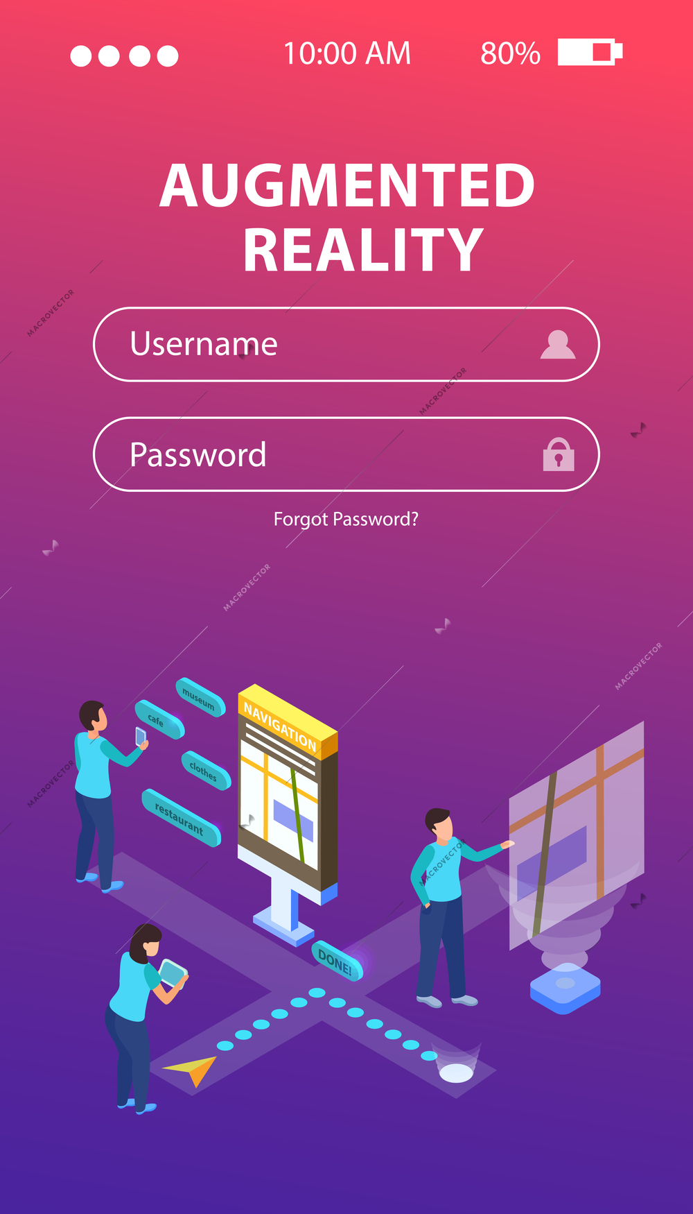 Isometric background with smartphone login page and augmented reality conceptual images with people and chat bubbles vector illustration