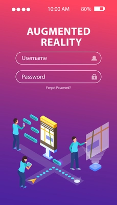 Isometric background with smartphone login page and augmented reality conceptual images with people and chat bubbles vector illustration