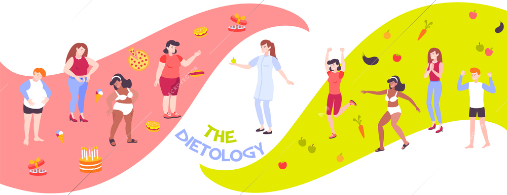 Flat banner with nutritionist doctor and people leading healthy and bad lifestyle vector illustration